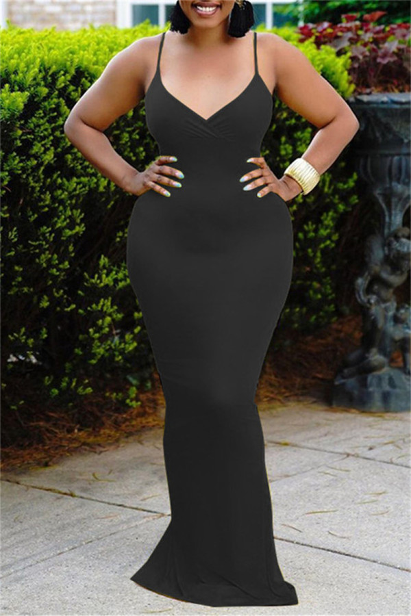 Black Fashion Sexy Solid Backless Spaghetti Strap Long Dress Dresses