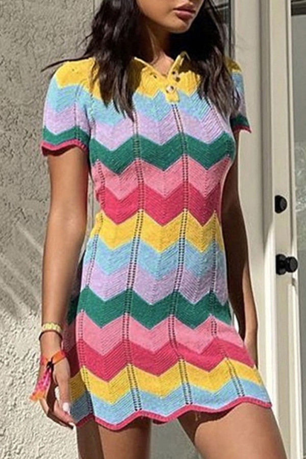 Colour Fashion Sweet Patchwork Turndown Collar Pencil Skirt Dresses