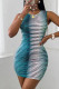 Light Blue Casual Print Patchwork O Neck Pencil Skirt Dresses