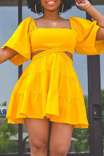 Yellow Fashion Casual Solid Hollowed Out Backless Square Collar Short Sleeve Dress