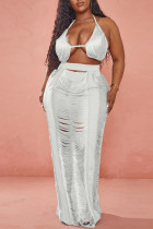 White Sexy Solid Hollowed Out Patchwork Halter Two Pieces