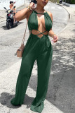 Light Green Sexy Casual Solid Bandage Hollowed Out O Neck Regular Jumpsuits
