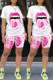 Pink Fashion Casual Print Basic O Neck Short Sleeve Two Pieces