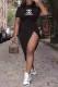 Black Fashion Casual Print Slit O Neck Irregular Dress Dresses