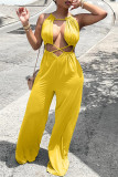 Yellow Sexy Casual Solid Bandage Hollowed Out O Neck Regular Jumpsuits
