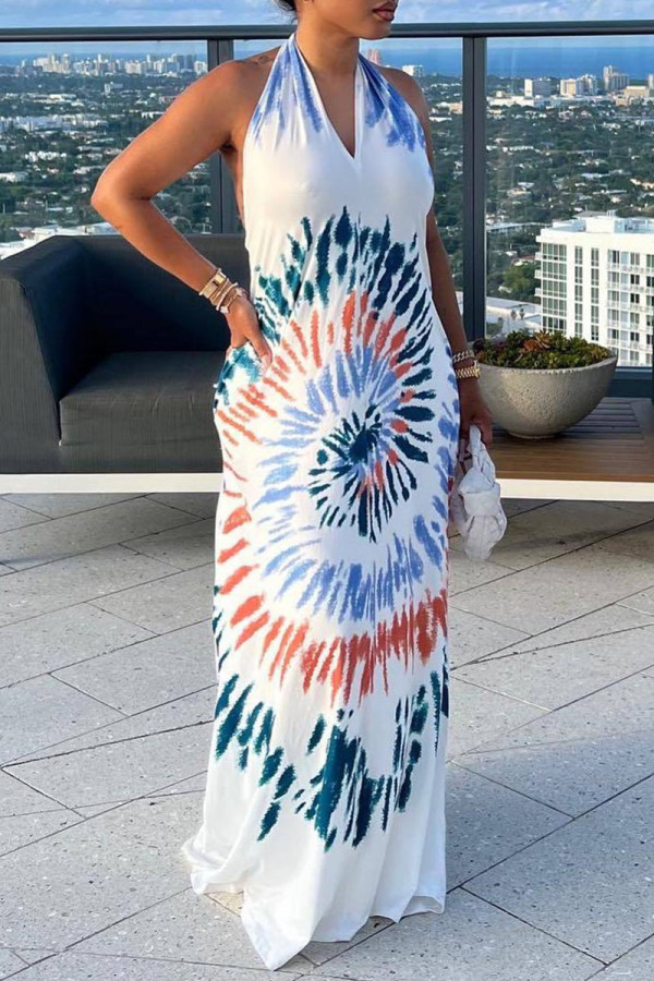 White Sexy Elegant Print Patchwork Backless Halter A Line Dresses
