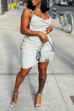 Gray White Sexy Casual Solid Backless Spaghetti Strap Sleeveless Dress