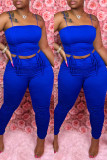 Blue Sexy Casual Solid Backless Fold Spaghetti Strap Sleeveless Two Pieces