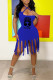 Blue Fashion Sexy Print Tassel Backless Spaghetti Strap Sleeveless Dress