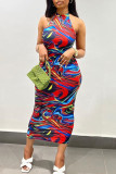 Red Blue Sexy Print Patchwork O Neck One Step Skirt Dresses