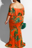Orange Sexy Print Patchwork Flounce Off the Shoulder One Step Skirt Plus Size Dresses