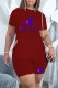 Burgundy Fashion Casual Print Letter O Neck Short Sleeve Two Pieces