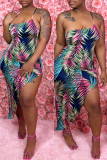 Multicolor Fashion Sexy Print Backless Asymmetrical Spaghetti Strap Sleeveless Dress