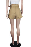 Khaki Casual Solid Patchwork With Belt Straight High Waist Solid Color Bottoms
