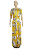 Yellow Fashion Casual Print Patchwork O Neck Plus Size Two Pieces