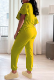 Yellow Fashion Casual Solid Patchwork O Neck Regular Jumpsuits