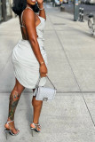 Gray White Sexy Casual Solid Backless Spaghetti Strap Sleeveless Dress