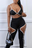 Black Sexy Casual Solid Hollowed Out Patchwork Backless Spaghetti Strap Sleeveless Two Pieces
