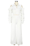 Cream White Casual Solid Patchwork Buckle Turndown Collar Long Sleeve Two Pieces