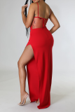 Red Sexy Solid Hot Drill Spaghetti Strap Pencil Skirt Dresses