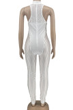 White Sexy Striped Patchwork See-through O Neck Skinny Jumpsuits