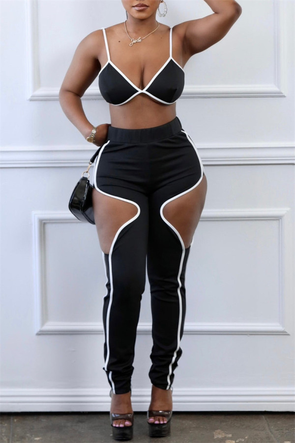 Black Sexy Casual Solid Hollowed Out Patchwork Backless Spaghetti Strap Sleeveless Two Pieces