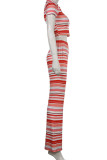 Red Casual Striped Print Patchwork Turndown Collar Short Sleeve Two Pieces