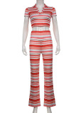 Red Casual Striped Print Patchwork Turndown Collar Short Sleeve Two Pieces