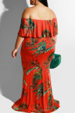 Red Sexy Print Patchwork Flounce Off the Shoulder One Step Skirt Plus Size Dresses