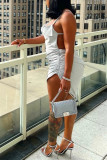 Gray White Sexy Casual Solid Backless Spaghetti Strap Sleeveless Dress