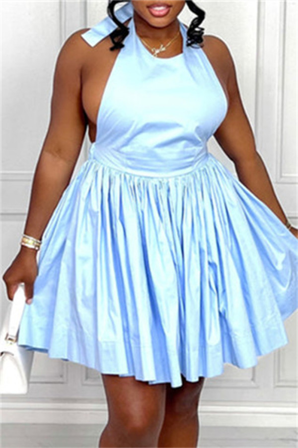 Light Blue Sexy Casual Solid Bandage Backless Halter Sleeveless Dress