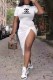 White Fashion Casual Print Slit O Neck Irregular Dress Dresses
