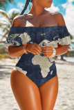 Navy Fashion Casual Print Patchwork Backless Swimwears (Without Paddings)