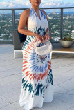 White Sexy Elegant Print Patchwork Backless Halter A Line Dresses