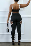Black Sexy Casual Solid Hollowed Out Patchwork Backless Spaghetti Strap Sleeveless Two Pieces