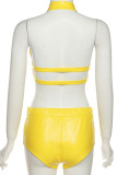 Yellow Sexy Solid Hollowed Out Patchwork Asymmetrical Zipper Collar Sleeveless Two Pieces
