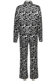 Purple Casual Print Patchwork Buckle Turndown Collar Long Sleeve Two Pieces