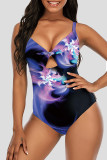 Blue Black Fashion Sexy Print Hollowed Out Backless Swimwears (With Paddings)