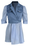 Pink Fashion Casual Striped Print Patchwork Turndown Collar Short Sleeve Dress