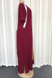 Burgundy Fashion Casual Plus Size Patchwork Contrast O Neck Short Sleeve Dress