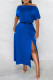Blue Fashion Casual Solid Patchwork Slit Off the Shoulder Short Sleeve Dress