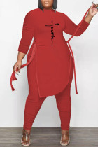 Burgundy Casual Print Bandage Patchwork O Neck Plus Size Two Pieces
