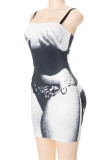 Grey Fashion Sexy Print Backless Spaghetti Strap Sleeveless Dress Dresses