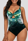 Blue Black Fashion Sexy Print Hollowed Out Backless Swimwears (With Paddings)