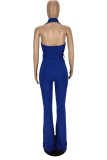 Blue Casual Solid Patchwork Turndown Collar Boot Cut Jumpsuits