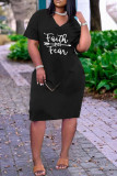 Black Fashion Casual Plus Size Print Patchwork V Neck Short Sleeve Dress