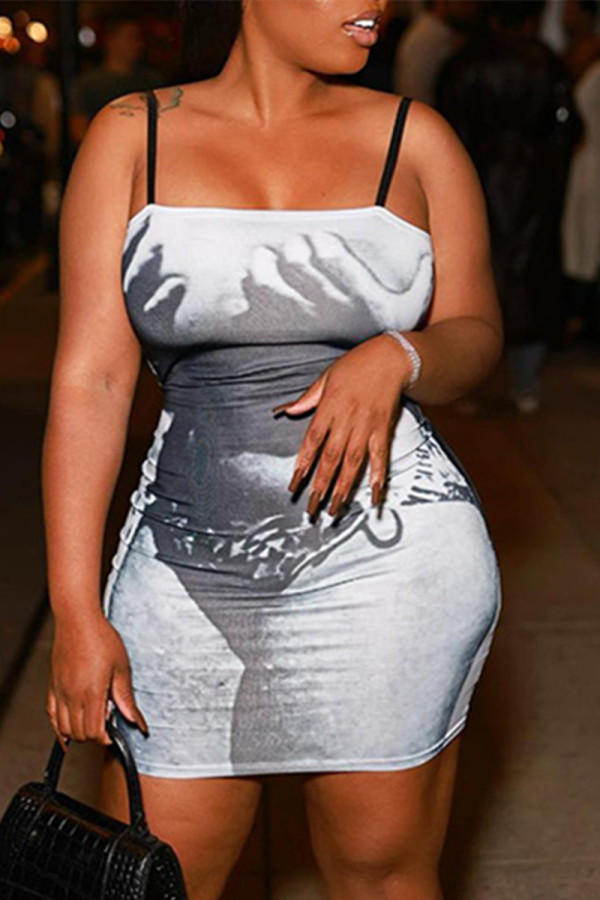 Grey Fashion Sexy Print Backless Spaghetti Strap Sleeveless Dress Dresses