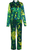 Purple Casual Print Patchwork Buckle Turndown Collar Long Sleeve Two Pieces