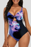 Blue Black Fashion Sexy Print Hollowed Out Backless Swimwears (With Paddings)