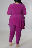 Purple Casual Solid Bandage Patchwork Asymmetrical O Neck Plus Size Two Pieces